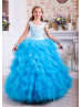 White Lace Blue Tulle Ruffled Floor Length Flower Girl Dress